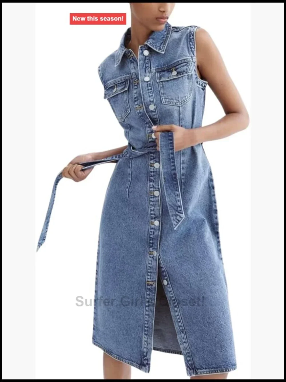 Sleeveless Belted Denim Midi Shirt Dress with Pockets A-Line 2025